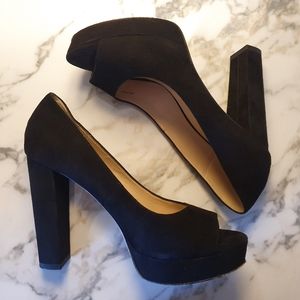 Black suede peep toe heels